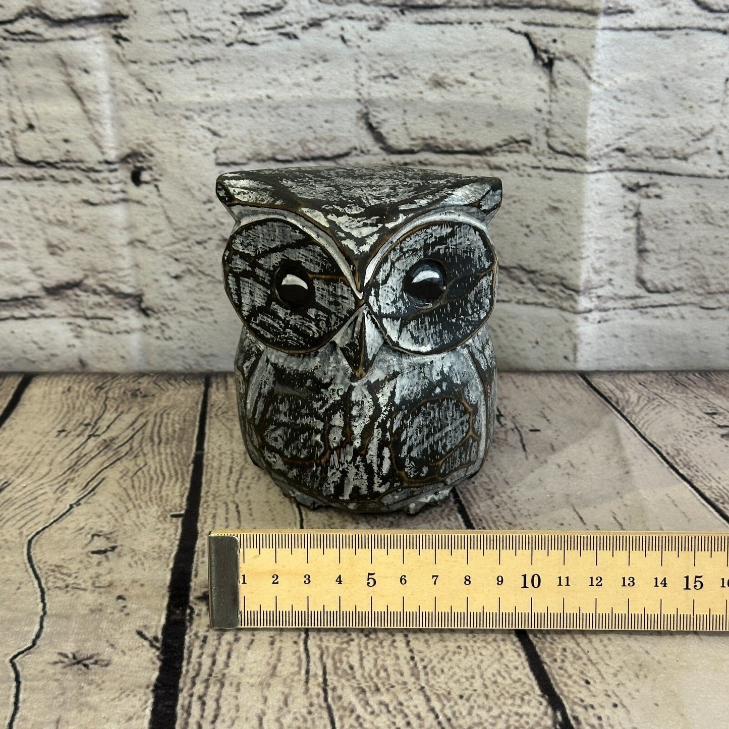 12cm x 10cm Black Flower Wooden Shabby Owl Statue Ornament Fair Trade Handcarved