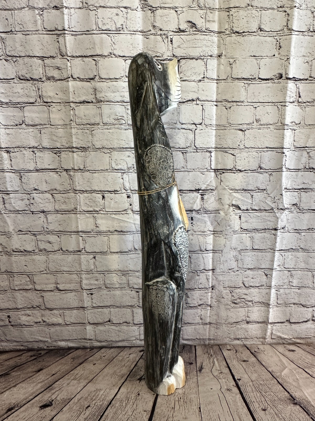 80cm Grey Flower Wooden Shabby Dog Statue Ornament Fair Trade Handcarved