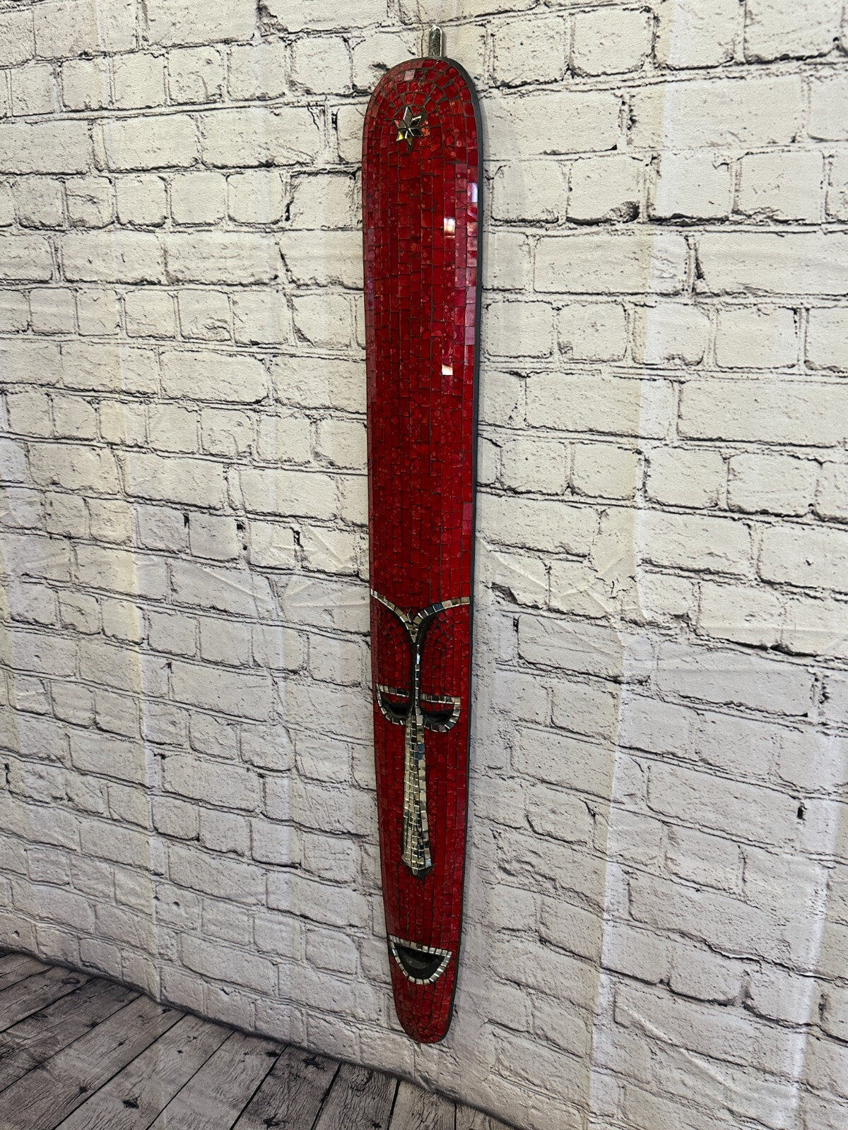 80cm Red Mosaic Mirror Mask Carved Painted Ethnic Tribal Wall Art Handmade