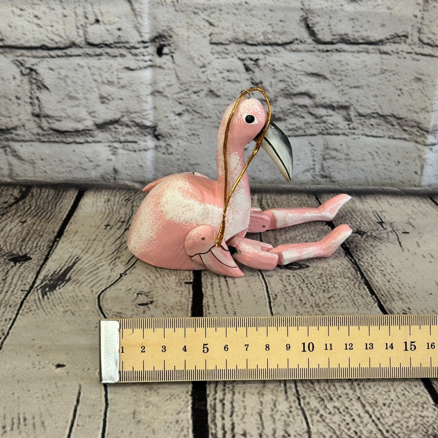 10cm Pink Flamingo Sitting Animal, Wooden Shelf Ornament Handmade and Fairtrade