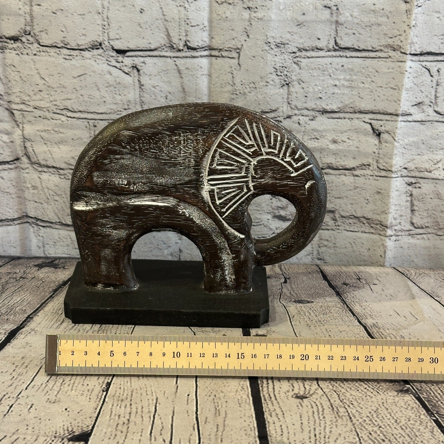 20cm x 20cm Wooden Tribal Primitive Black Elephant Round Stand Sculpture Statue