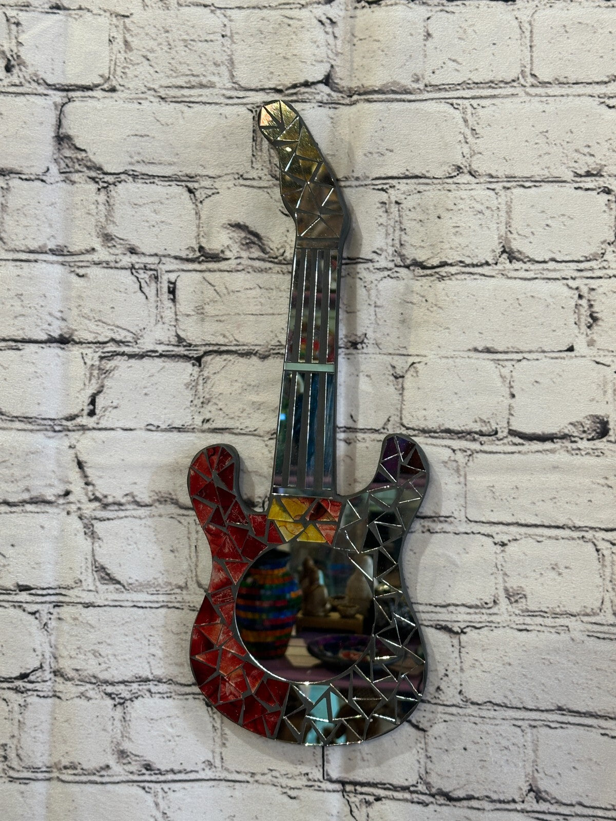 Red Guitar Mosaic Tile Wall Mirror 40cm x 15cm 16 Inches Handmade New