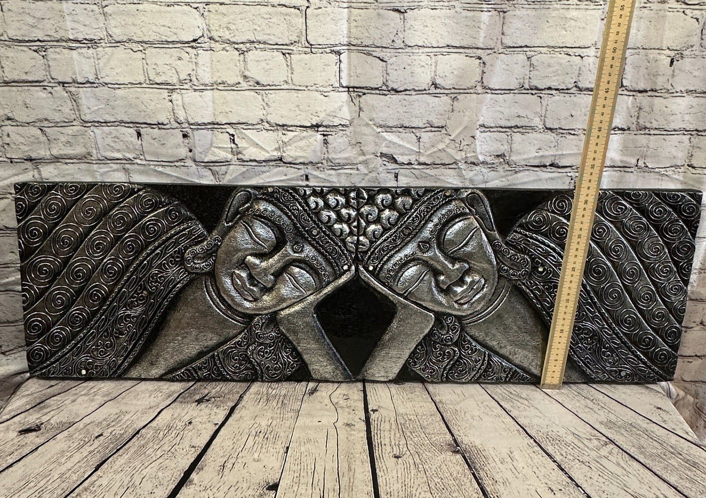 100cm x 30cm Buddha 2 Faces Silver Wooden Wood Panel Wall Art Plaque Handcarved