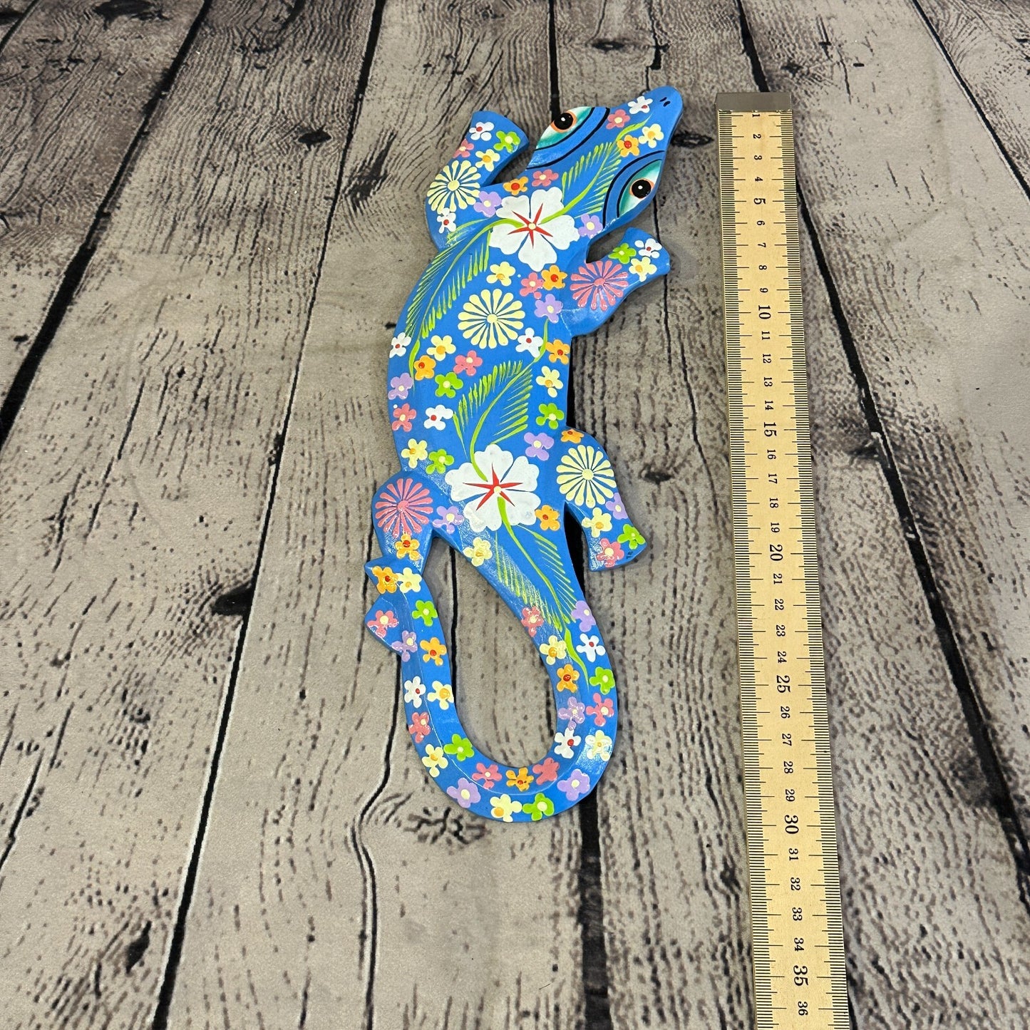 30cm Gecko Lizard Blue Flower Wood Wall Hanging Wooden Ornaments Carving