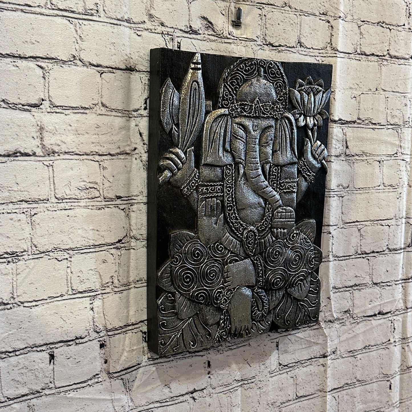 Wooden Wood Panel 40cm Brown Silver Ganesh Lotus Wall Art Plaque Handcarved