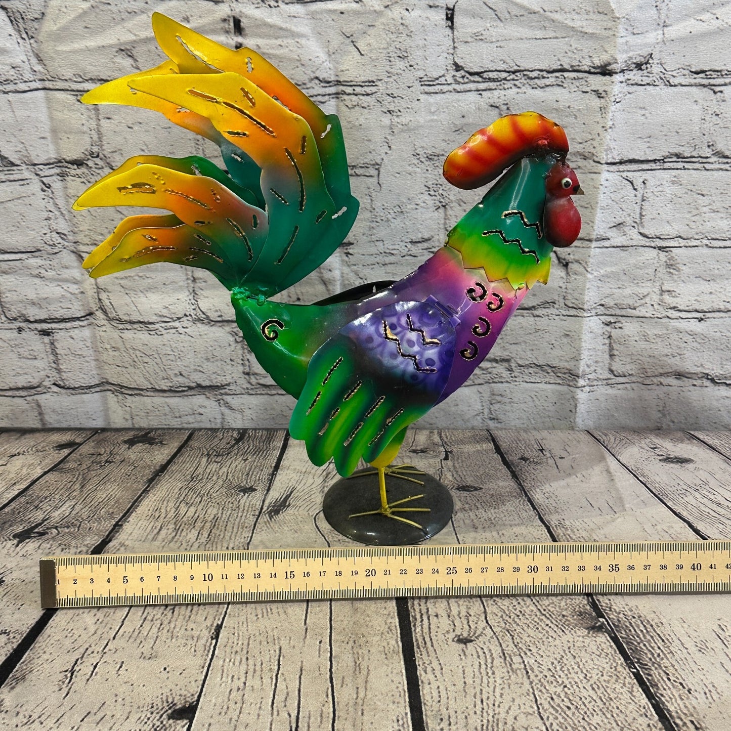 40cm x 25cm Green Purple Metal Chicken Ornament Painted Statue Candle Holder