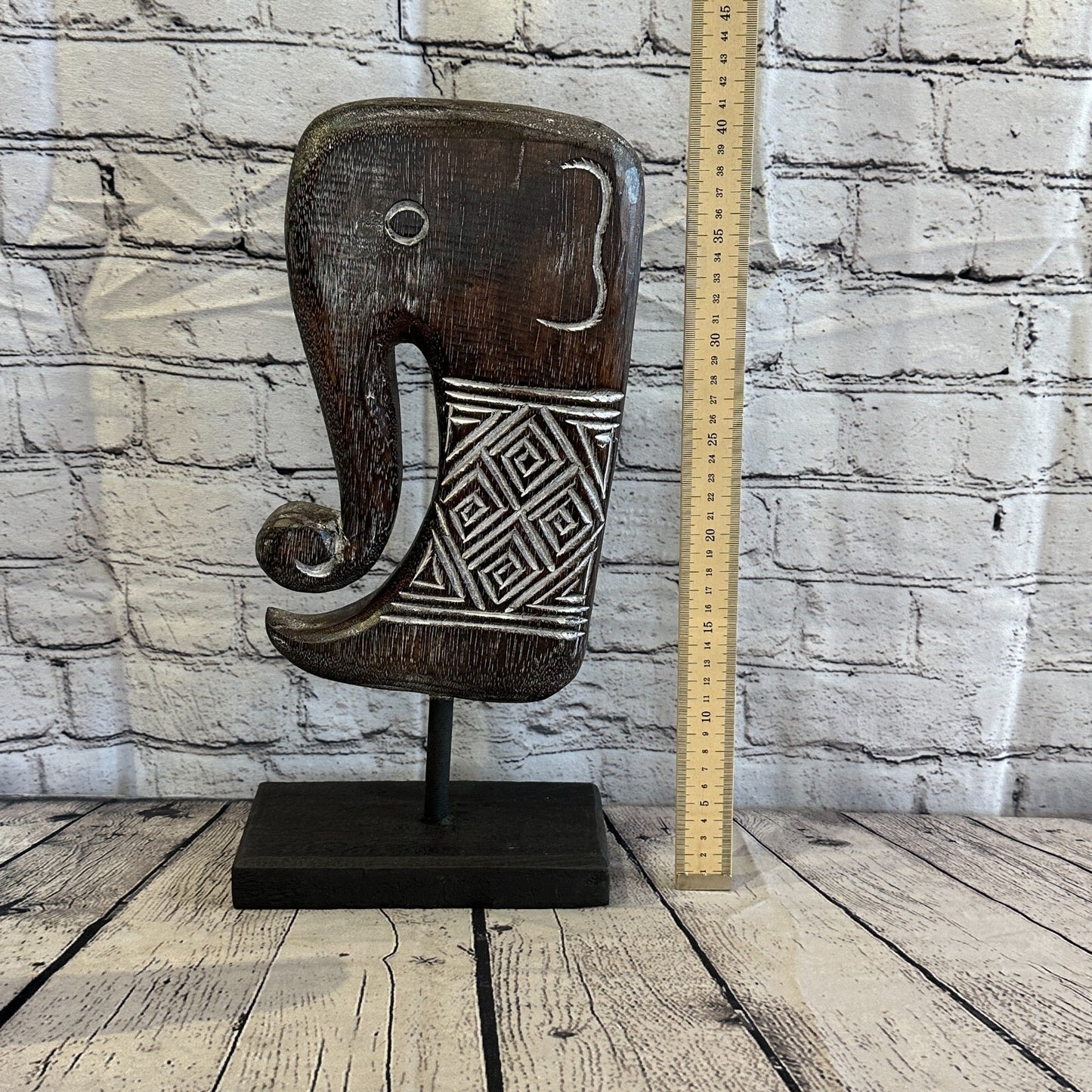 40cm x 20cm Wooden Tribal Primitive Black Elephant Head Stand Sculpture Statue