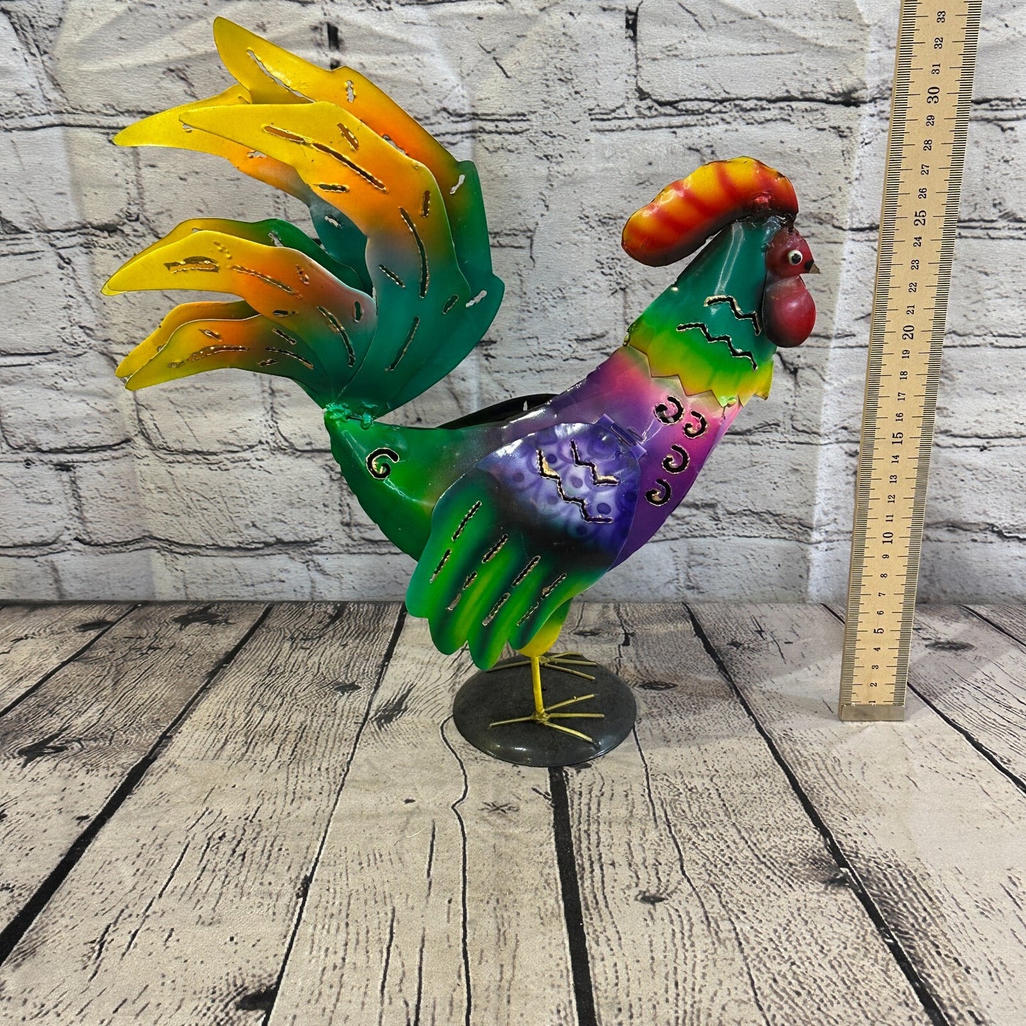 40cm x 25cm Green Purple Metal Chicken Ornament Painted Statue Candle Holder