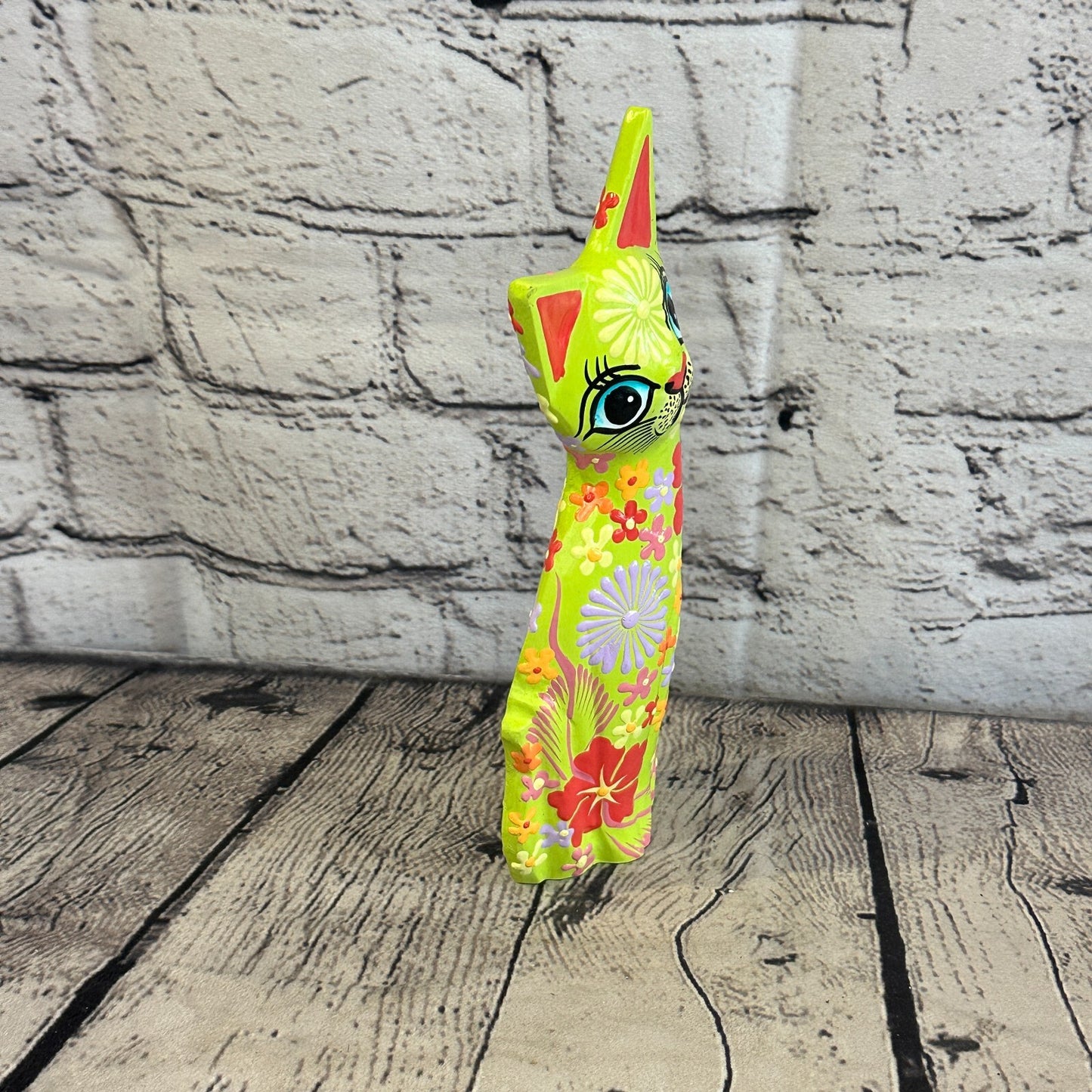 Green Flat Back Wooden Cat With Flower Pattern 20cm x 8cm Handmade and Fairtrade