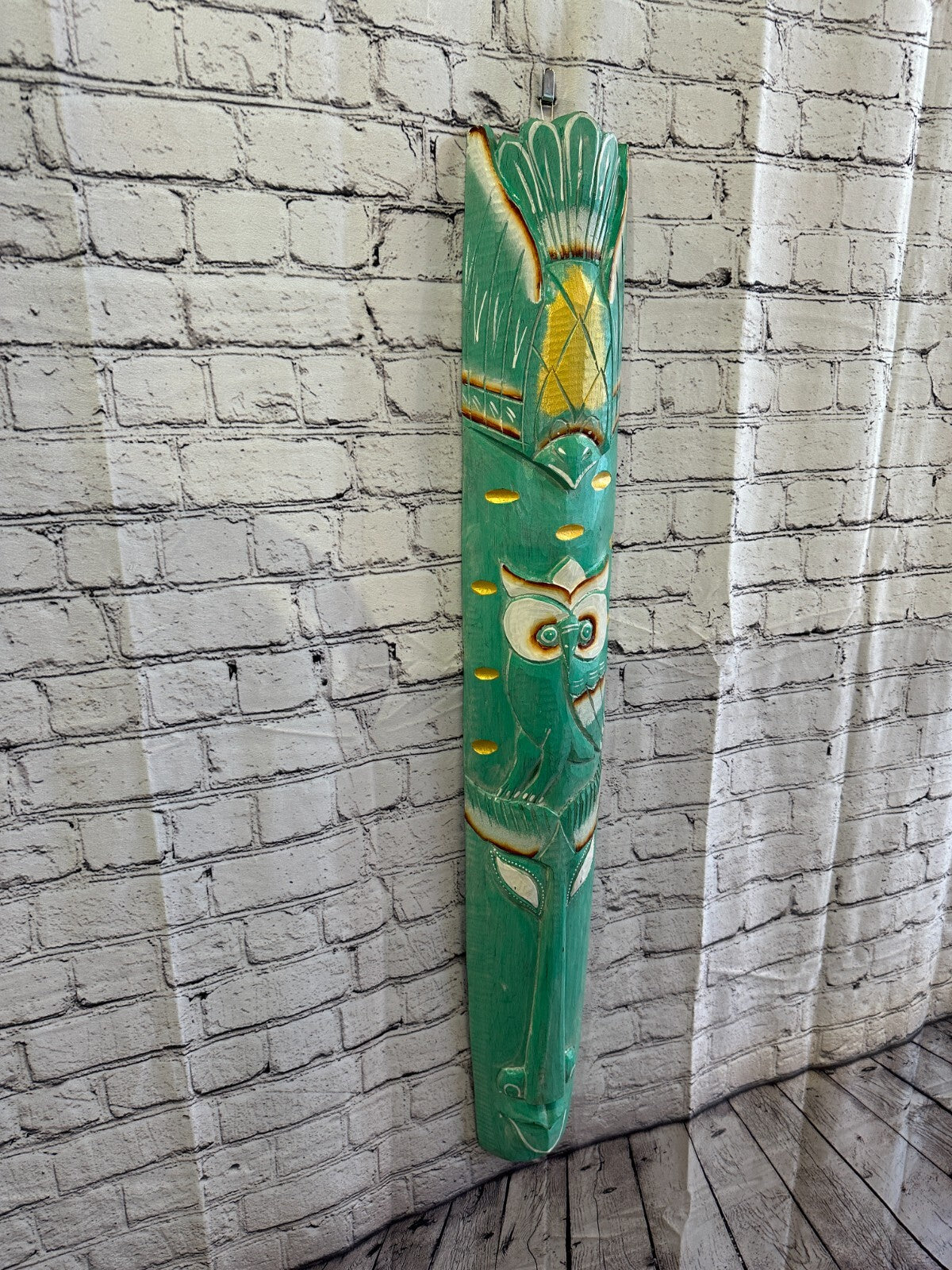100cm Green Owl Hand Carved Fair Trade Wooden Animal Wall Art Hang Mask