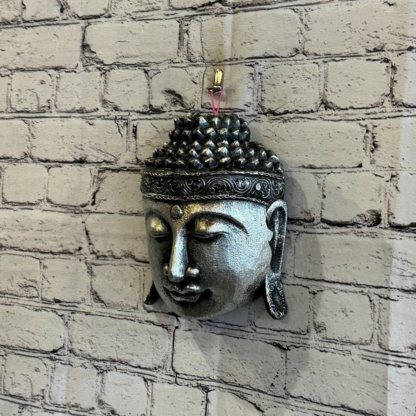 20cm Silver Buddha Head Mask Wooden Hanging Statue Figurine Ornament Fair Trade