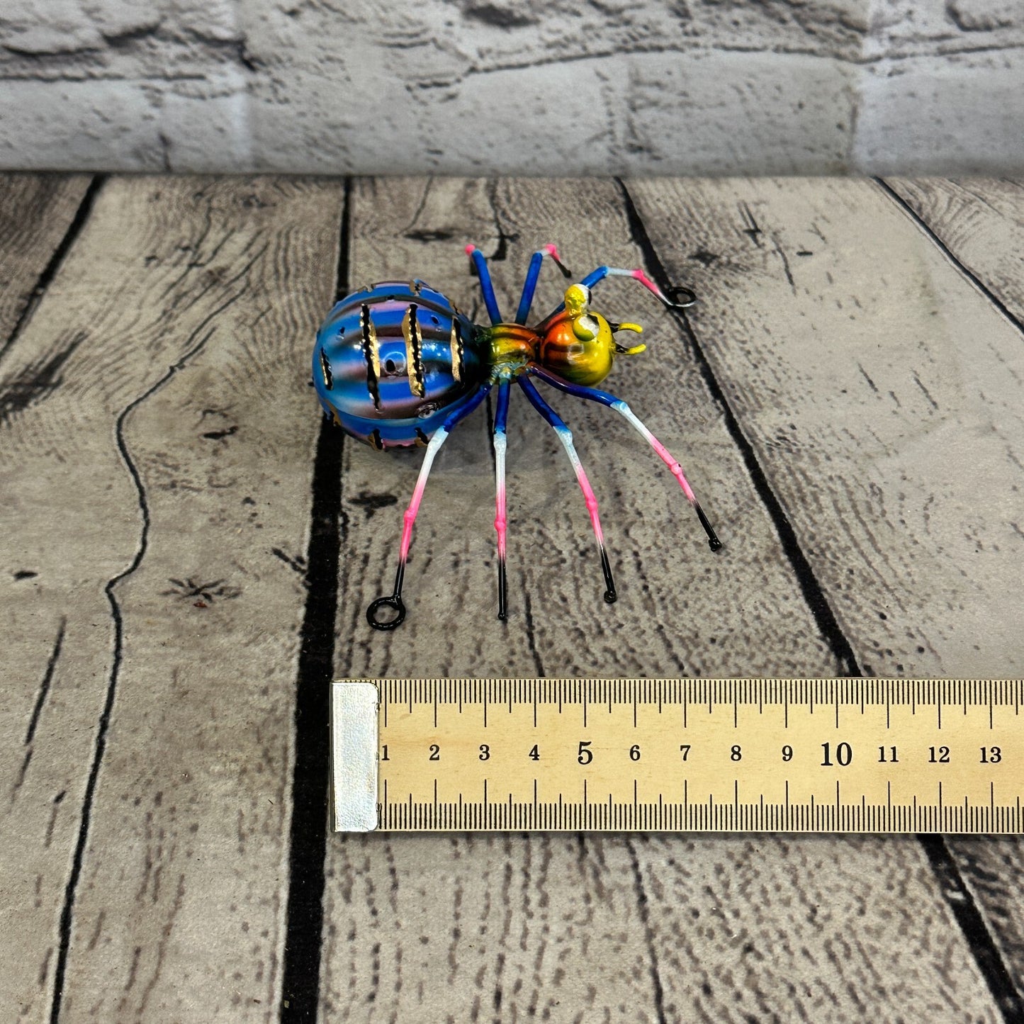 12cm x 8cm Blue Yellow Spider Bug Metal Tin Wall Hanging Ornament Painted Statue