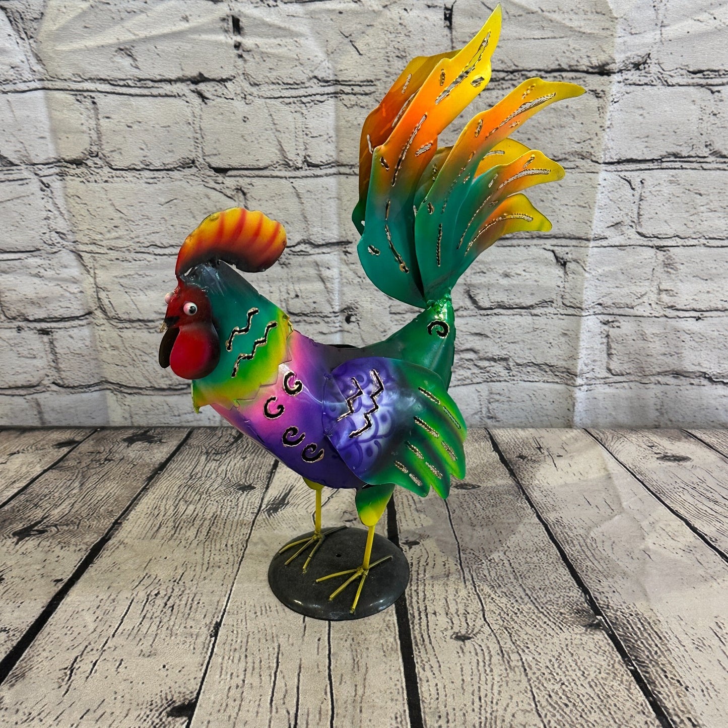 40cm x 25cm Green Purple Metal Chicken Ornament Painted Statue Candle Holder