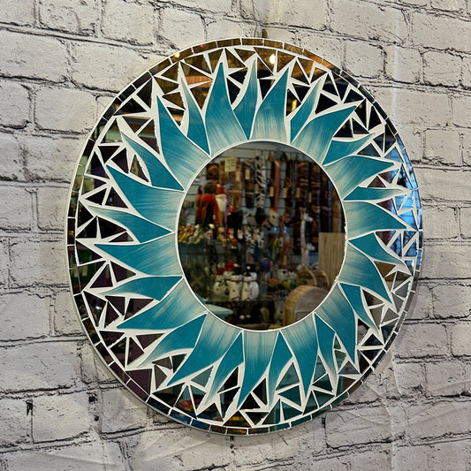 Turquoise Blue Flame Sun Mosaic Tile Wall Mirror 50cm x 50cm 20 Inches Handmade
