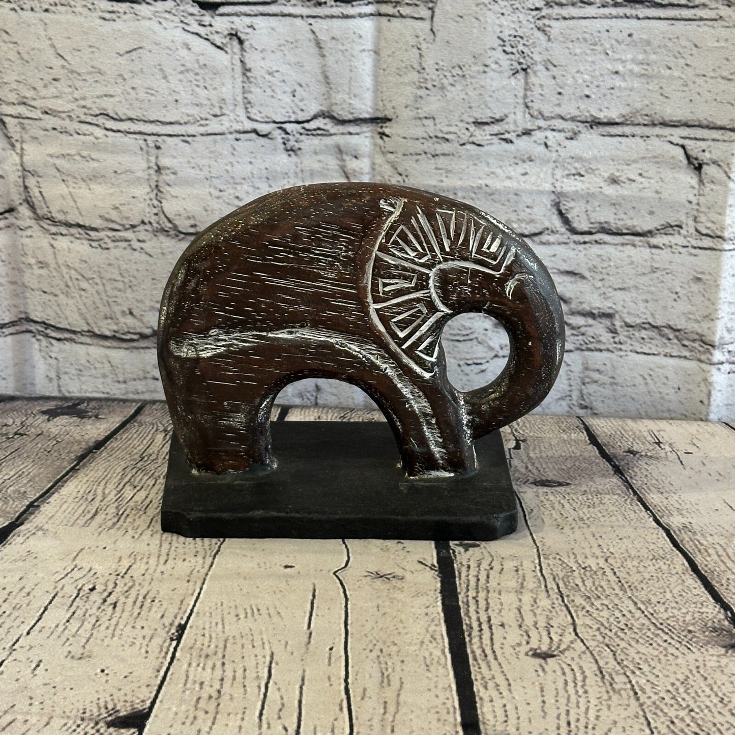 15cm x 15cm Wooden Tribal Primitive Black Elephant Round Stand Sculpture Statue