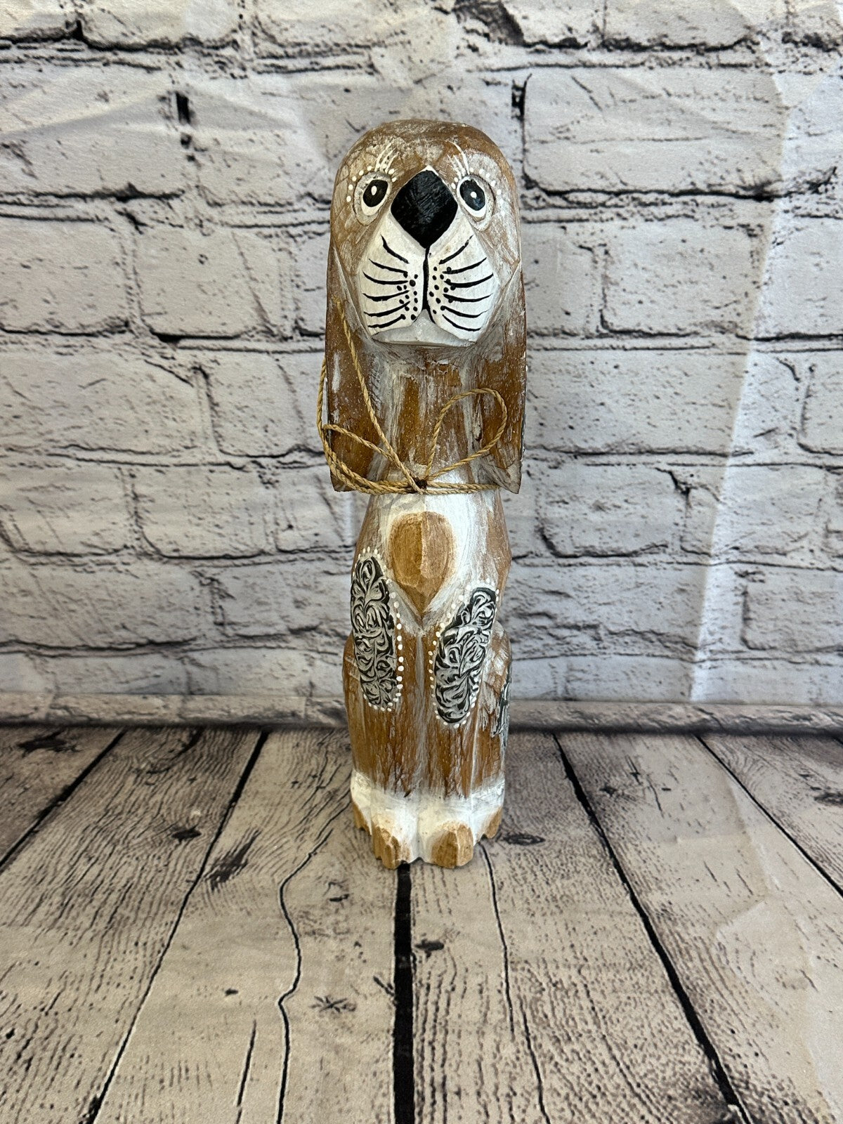30cm Light Brown Flower Wooden Shabby Dog Statue Ornament Fair Trade Handcarved