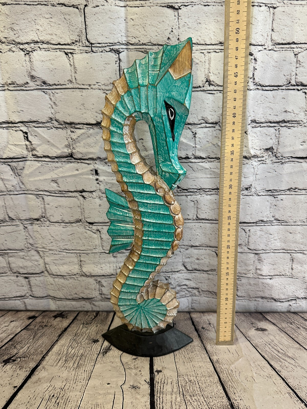 50cm Green Brown Wooden Shabby Seahorse Statue Ornament Fair Trade Handcarved