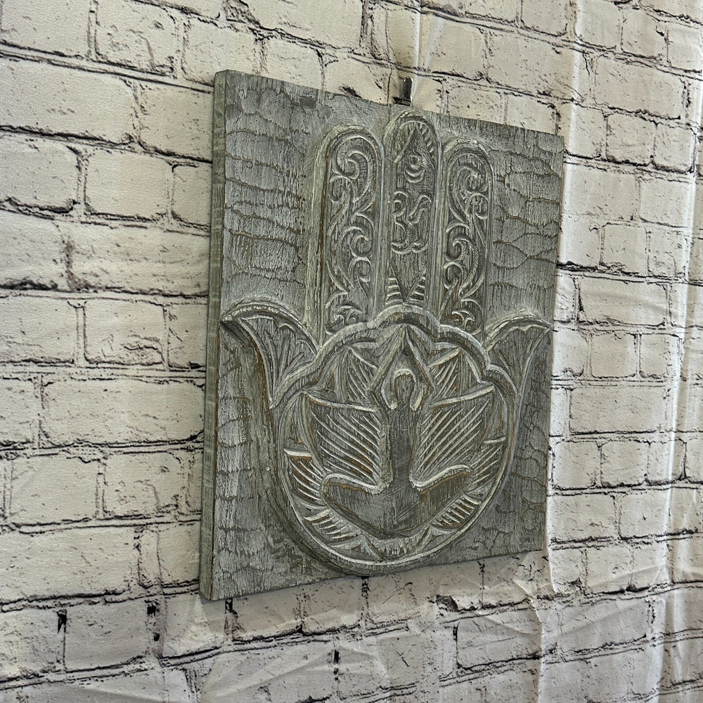 Hand Of Fatima Wooden Panel 40cm x 35cm Silver Grey Wall Art Plaque Handcarved