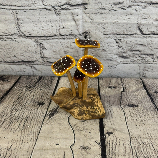 Brown Yellow Painted Mushroom Parasite Ornament Natural Carving Fairtrade Wooden