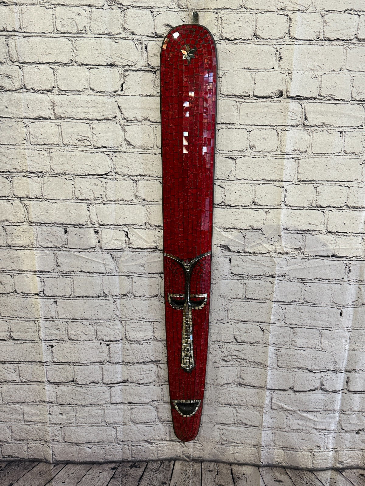 80cm Red Mosaic Mirror Mask Carved Painted Ethnic Tribal Wall Art Handmade