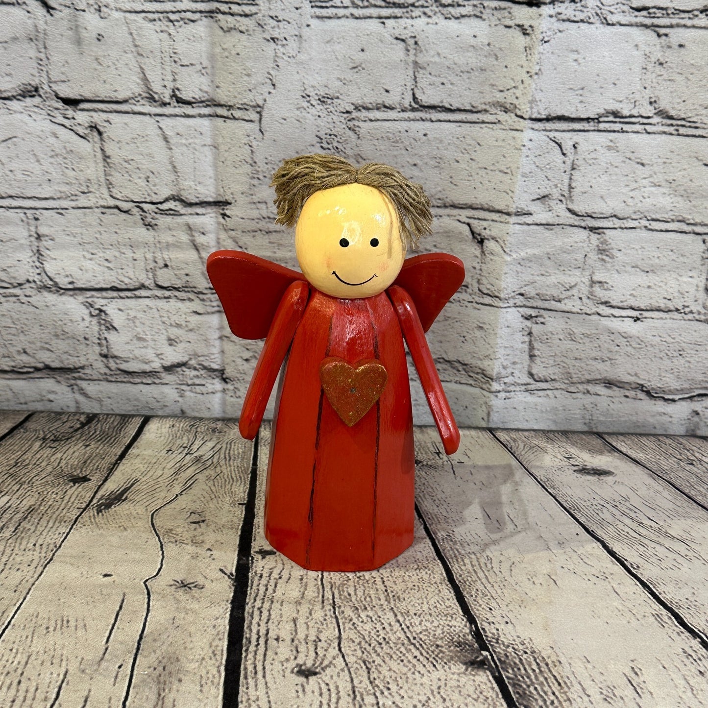 20cm x 8cm Red Cream Angel Red Heart Handcrafted Wood Xmas Christmas Ornament