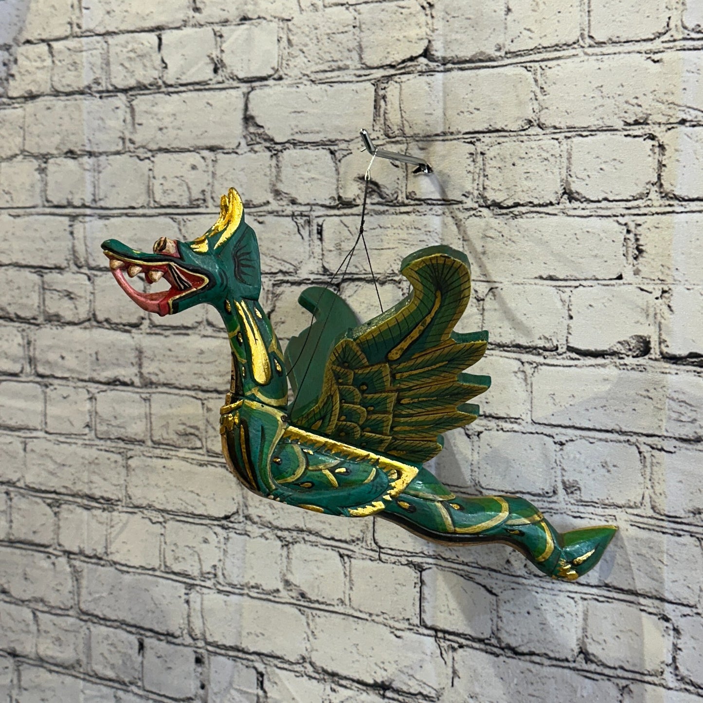 Large Green Dragon Folk Art Wood Flying Winged Mobile Spirit Chaser Guardian