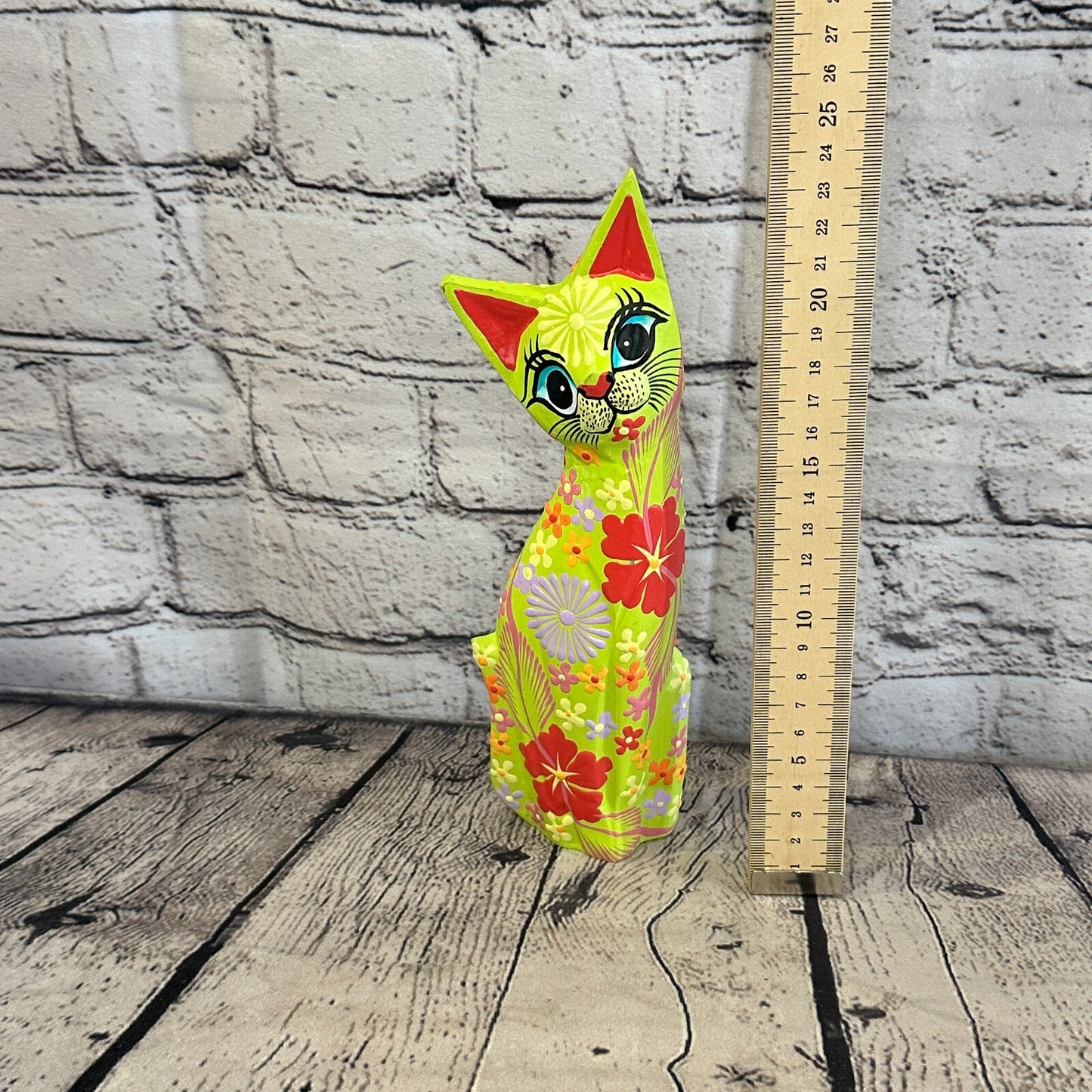 Green Flat Back Wooden Cat With Flower Pattern 25cm x 8cm Handmade and Fairtrade
