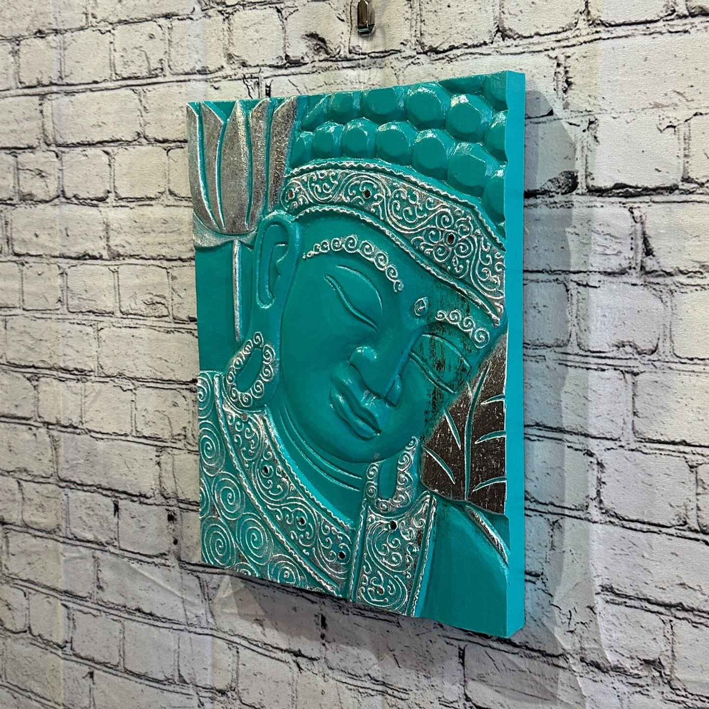 Wooden Wood Panel 40cm Brown Teal Buddha Tall Lotus Wall Art Plaque Handcarved