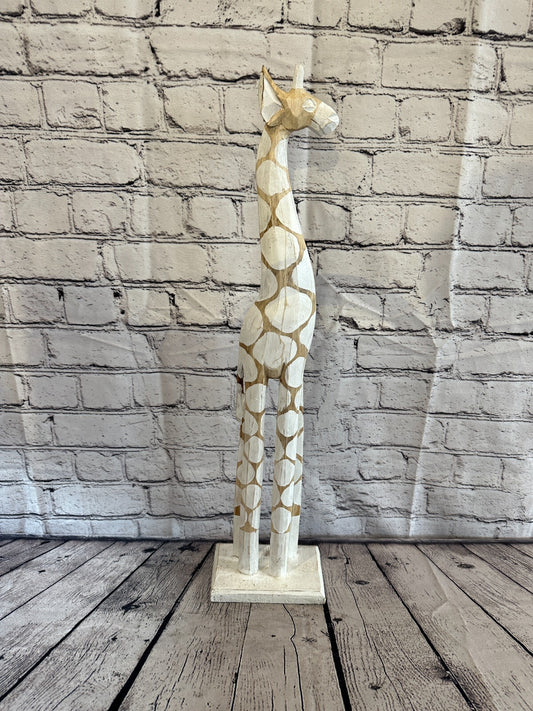 60cm White Dot Painted Wood Giraffe Tall Statue Wood Modern Hand Carved Painted