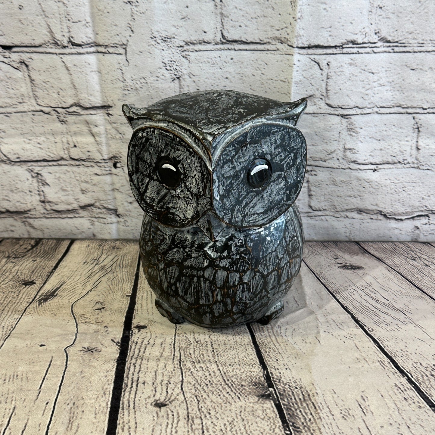 20cm x 15cm Black Flower Wooden Shabby Owl Statue Ornament Fair Trade Handcarved
