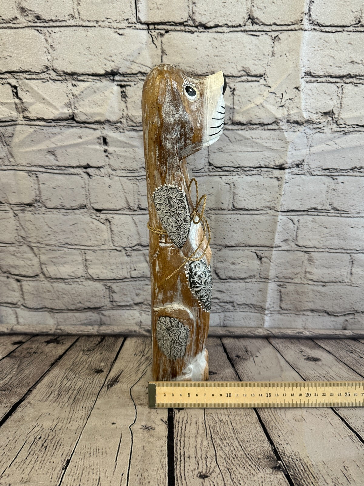 40cm Light Brown Flower Wooden Shabby Dog Statue Ornament Fair Trade Handcarved