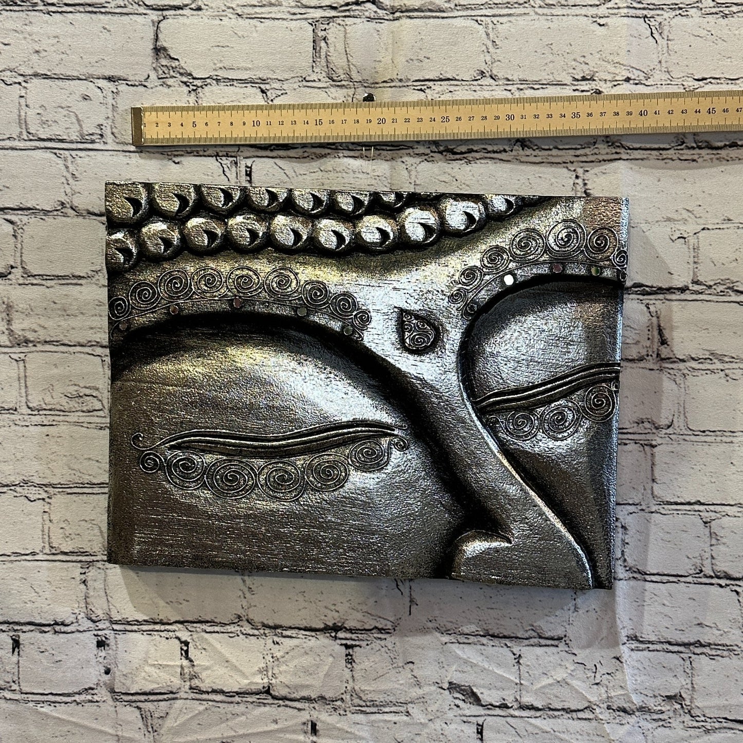 Wooden Wood Panel 40cm Brown Silver Buddha Eyes Lotus Wall Art Plaque Handcarved