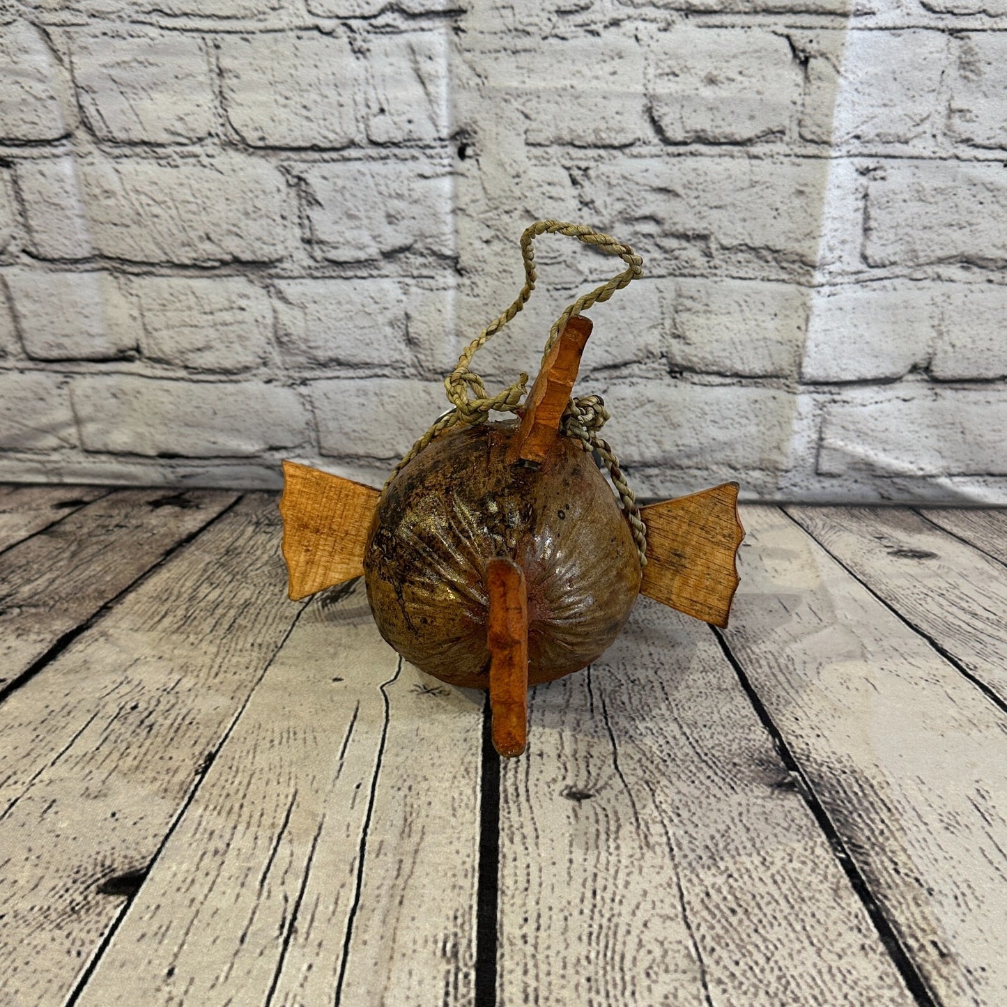 Plain Brown Folk Art Hand Painted Puffer Fish Coconut Shell Ornaments Hanging