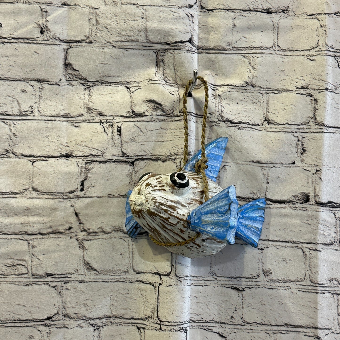 Blue White Folk Art Hand Painted Puffer Fish Coconut Shell Ornaments Hanging