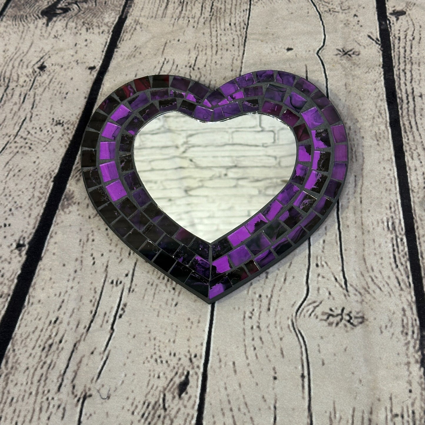 Purple Heart Shape Mosaic Tile Wall Mirror 20cm x 15cm 8 Inches Handmade New