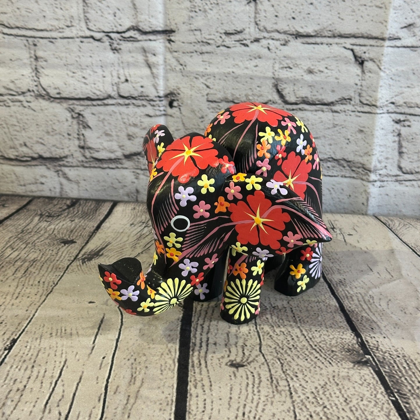 Black Wooden Elephant With Flower Pattern 15cm x 18cm Handmade and Fairtrade