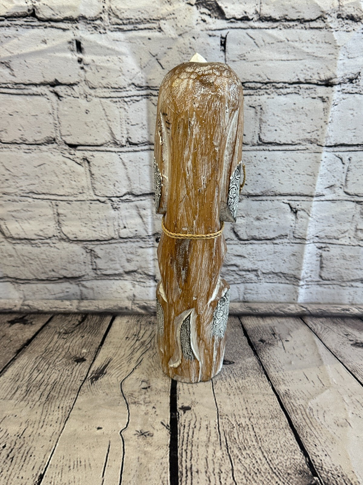 30cm Light Brown Flower Wooden Shabby Dog Statue Ornament Fair Trade Handcarved