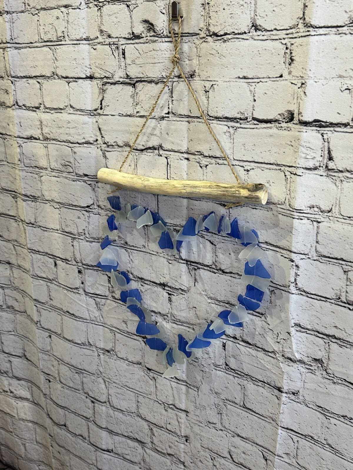 35cm x 25cm Blue Heart Recycled Glass Driftwood Handmade Garden Home Mobile