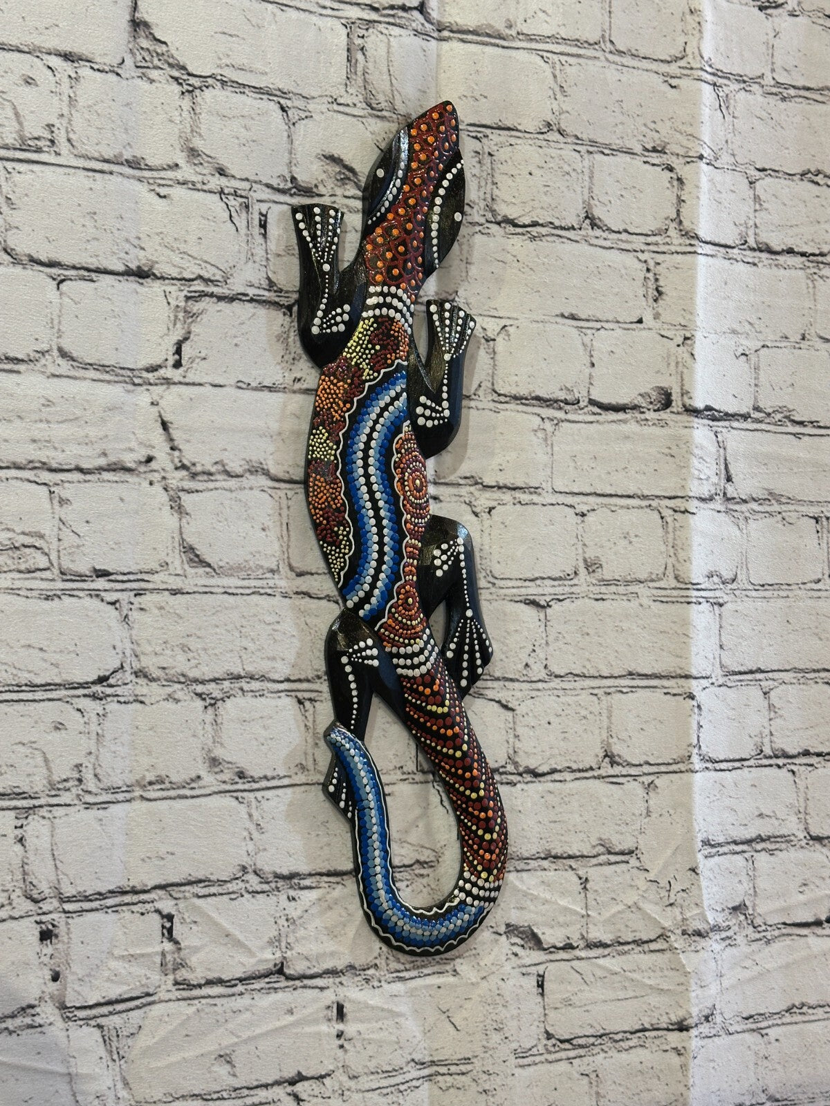50cm Gecko Carved Wooden Dot Painted Ethnic Tribal Tiki Wall Handmade No 4