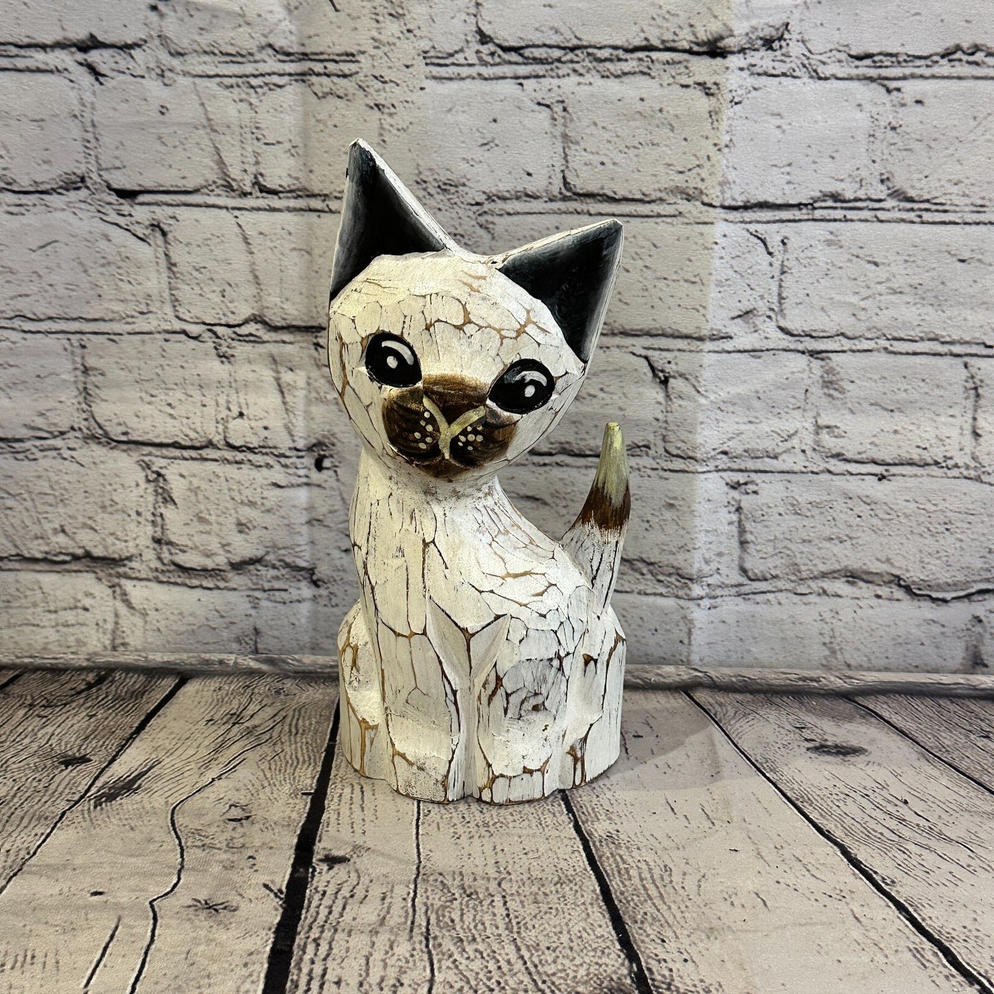 25cm x 10cm White Flower Wooden Shabby Cat Statue Ornament Fair Trade Handcarved