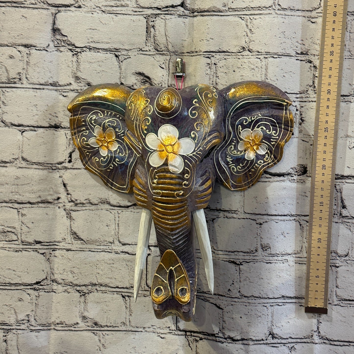 30cm x 30cm Purple Flower Painted Wood Elephant Head Wall Mounted Art Shabby