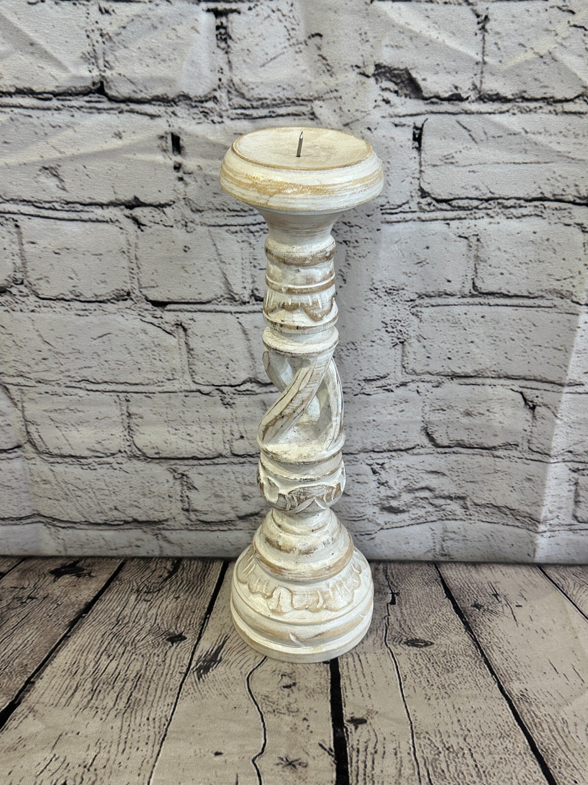 30cm White Tall Candlestick Shabby Chic Distressed Twist Column Candle Holder