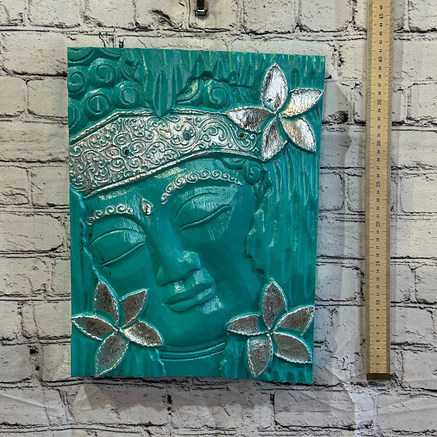 Wooden Wood Panel 40cm Brown Teal Buddha Hibiscus Wall Art Plaque Handcarved