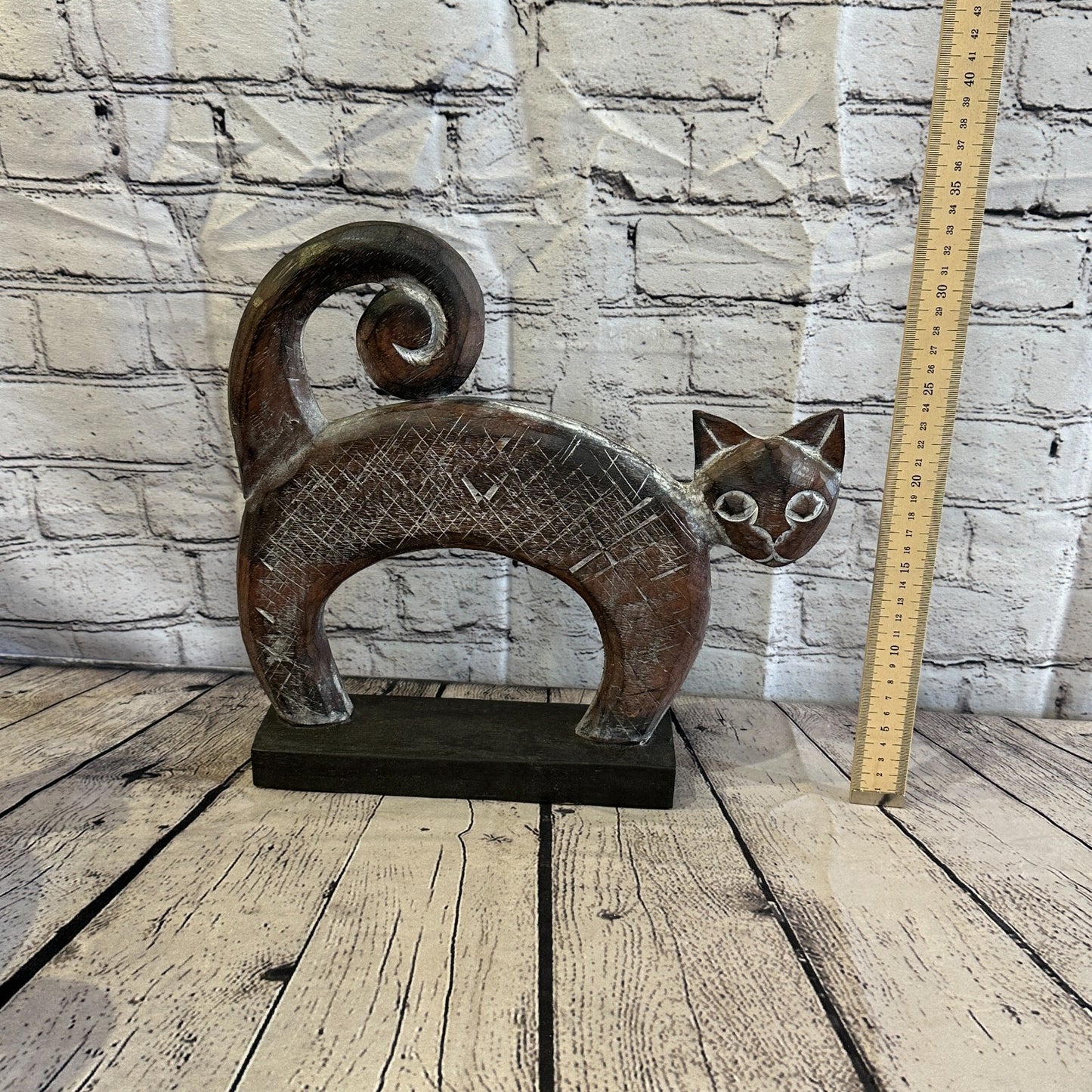 35cm x 35cm  Wooden Tribal Primitive Black Cat Stand Sculpture Statue Art