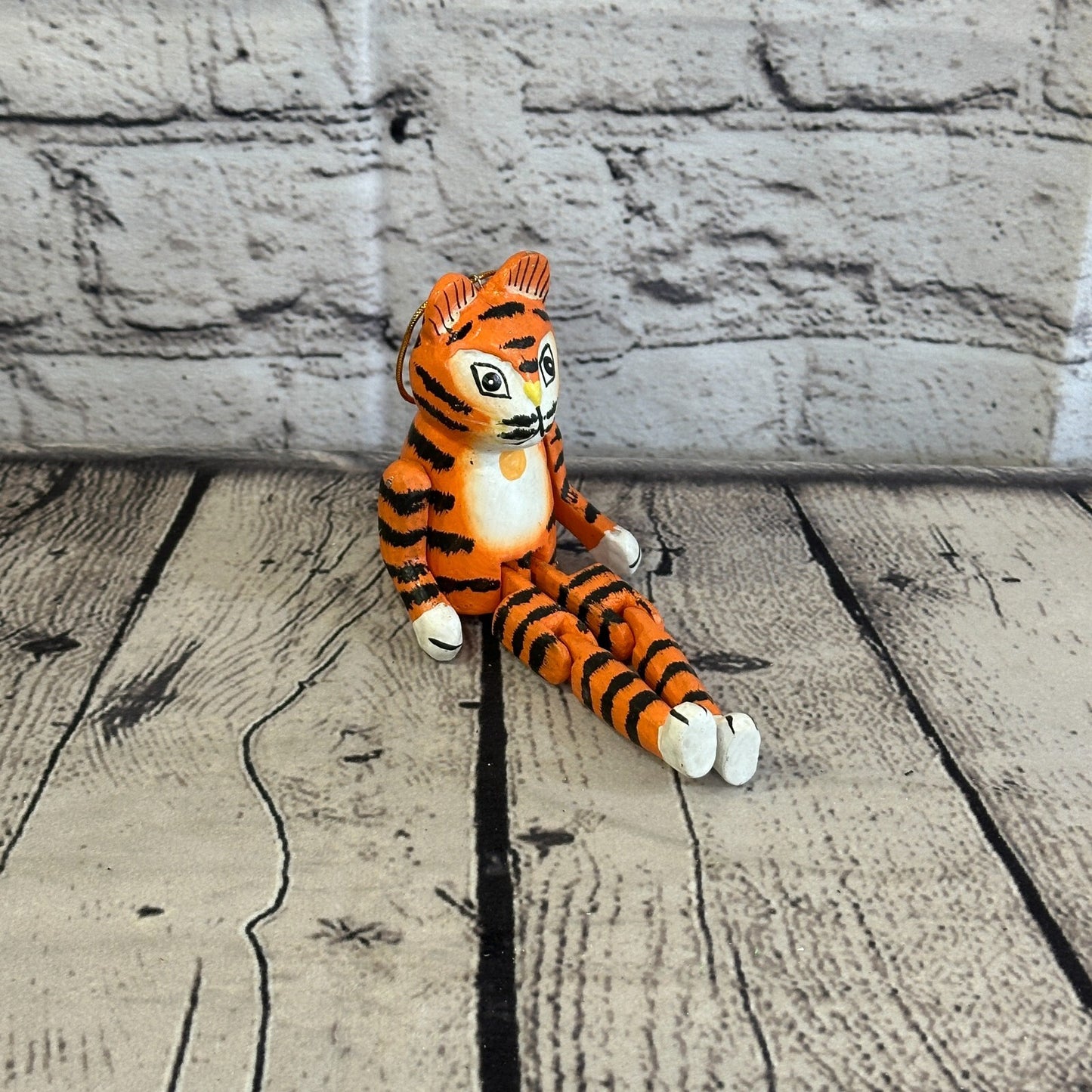 10cm Orange Tiger Sitting Animal, Wooden Shelf Ornament Handmade and Fairtrade