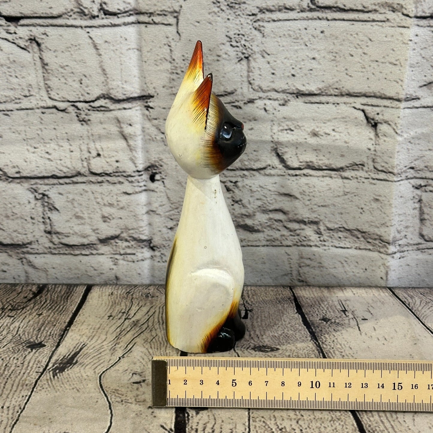 20cm x 7cm Siamese Sitting Bobble Style Painted Wooden Hand Carved Cat Wooden