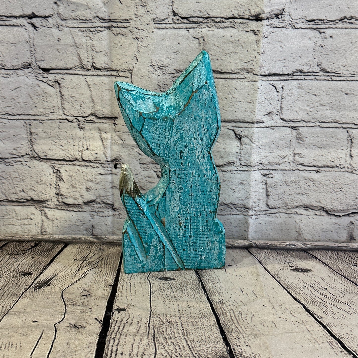 25cm x 10cm Green Flower Wooden Shabby Cat Statue Ornament Fair Trade Handcarved