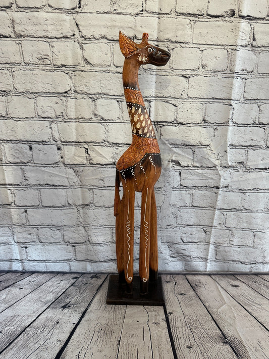 60cm Brown Painted Wood Giraffe Tall Statue Wood Modern Hand Carved Painted