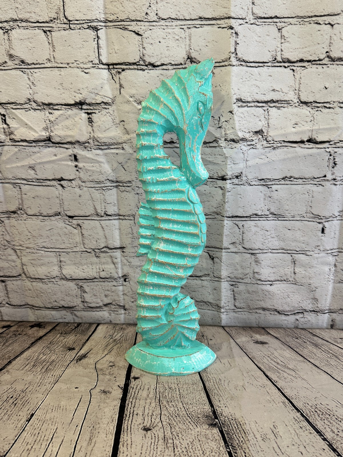 40cm Green Plain Wooden Shabby Seahorse Statue Ornament Fair Trade Handcarved