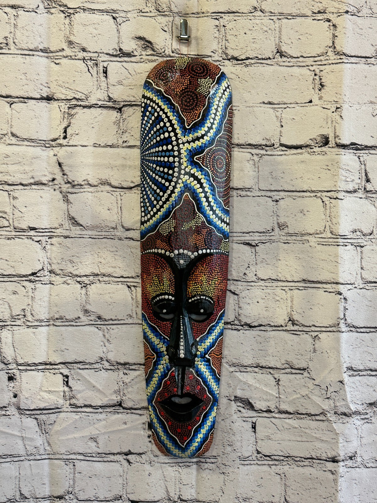 Mask 50cm Carved Wooden Dot Painted Ethnic Tribal Tiki Wall Art Handmade No 5